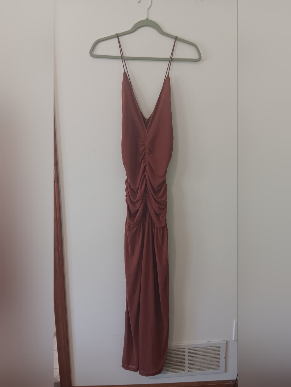 Musera Rust Brown V Neck Sheer Ruched Bodycon Maxi Dress Large - Picture 4 of 7
